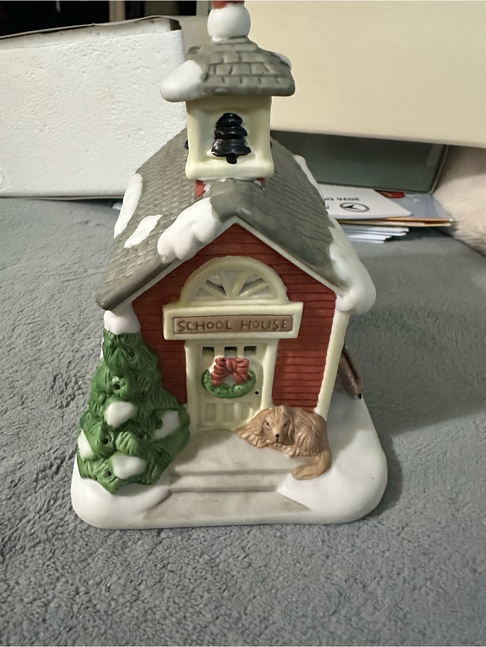 Holiday School House Figurine - Red and Green Christmas Decoration